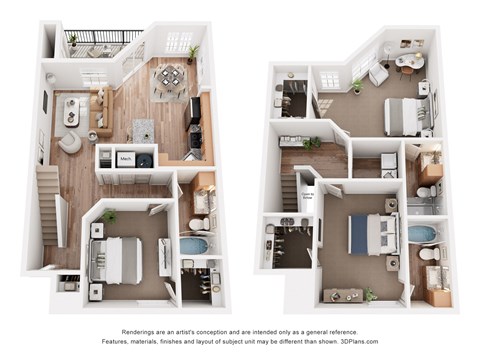 Two images of a 3D floor plan of a house with two bedrooms, a living room, a kitchen, and a bathroom.